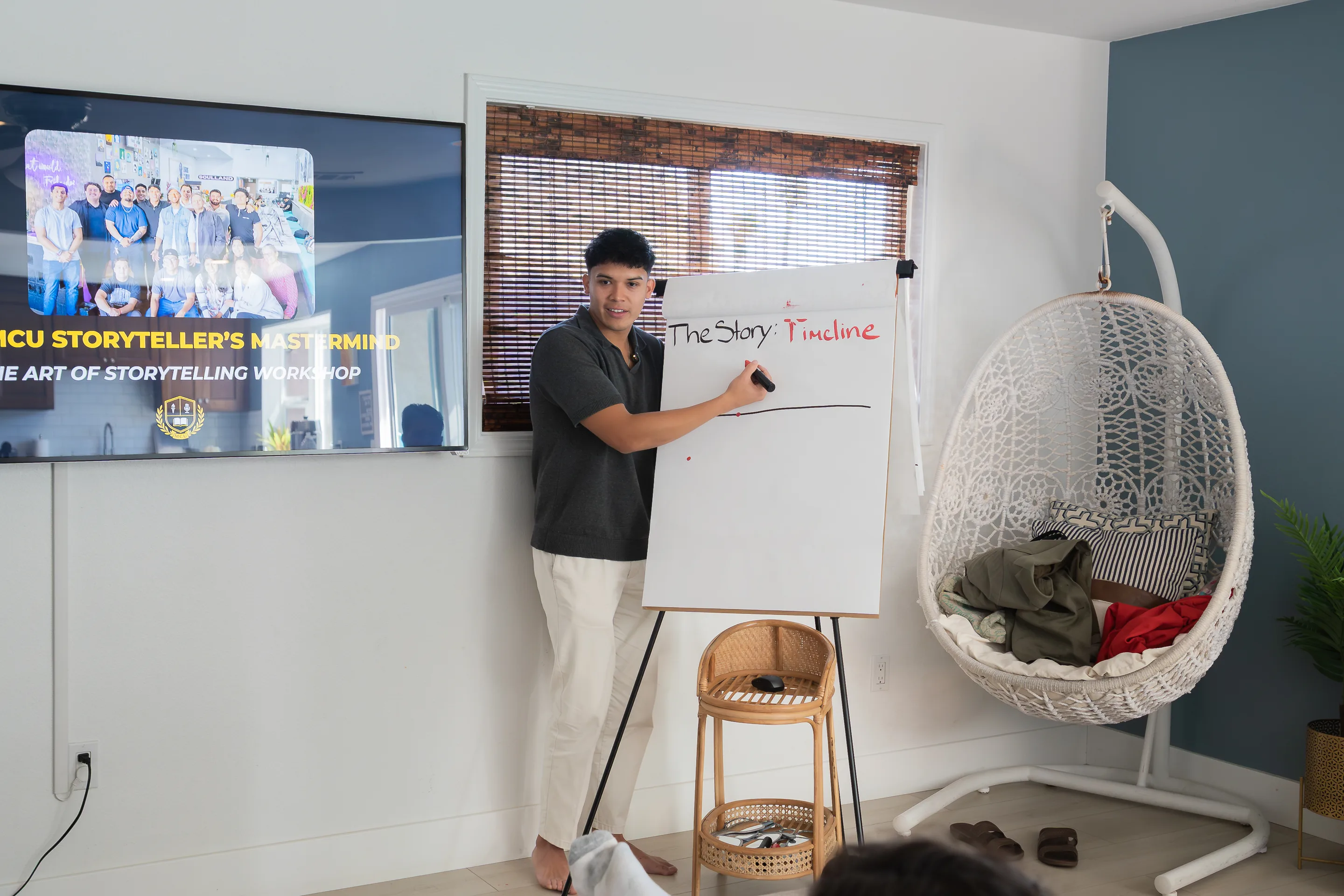 Eliam Fuentes teaching the story timeline at the MCU Storyteller’s Mastermind